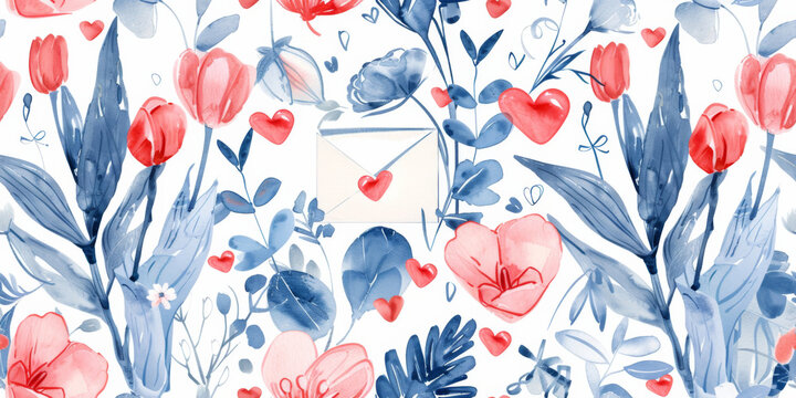 Seamless pattern. Postcard and pattern Valentine's day, with hearts. Love vibe in watercolor hand painted style. Hand drawn.
