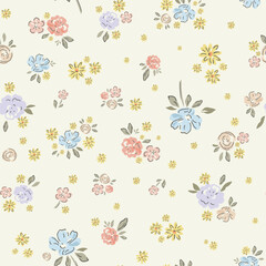 Seamless watercolor-style pattern featuring pink and blue and red flowers on a light yellow background.