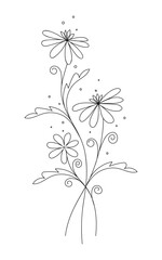 Beautiful wildflowers minimalist art. Sketch. Design for tattoo art, cover, coloring page, invitation cards, templates. Vertical composition. Hand drawn vector illustration.