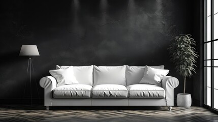 Casual white sofa against isolated empty dark wall. Generative AI.