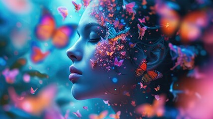 Beautiful goddess dissolving into butterflies with neon acrylic paint, splashes. Generative AI.
