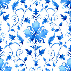 watercolor seamless pattern with blue damask ornament. classic vintage ornament