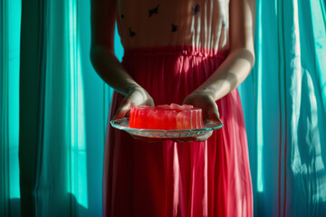 Hand Holding Red Gelatin Dessert for Food Styling and Creative Cuisine