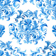Fototapeta na wymiar watercolor seamless pattern with blue damask ornament. classic vintage ornament