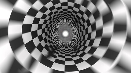 Ilusión óptica, tubo hecho con lineas y cuadros en blanco y negro creando una ilusión óptica como en el cuento de Alicia en el país de las maravillas - obrazy, fototapety, plakaty