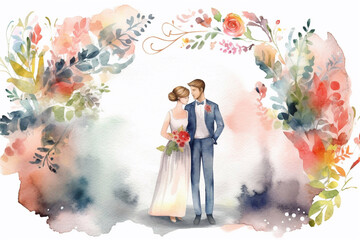Watercolor wedding card. Wedding couple.