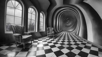 Ilusión óptica, habitación de una vivienda hecha con lineas y cuadros en blanco y negro creando una ilusión óptica como en el cuento de Alicia en el país de las maravillas - obrazy, fototapety, plakaty