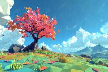 Stylized Low-Poly Artwork: Isolated Tree on Geometric Landscape