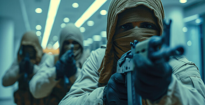 Group of armed terrorists wearing cloth masks storming an office lobby. Generative AI.