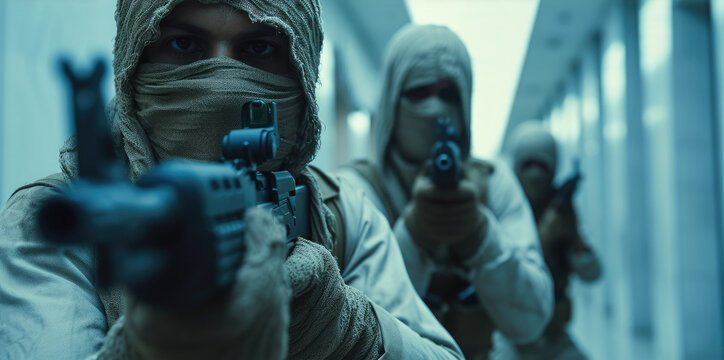 Group of armed terrorists wearing cloth masks storming an office lobby. Generative AI.