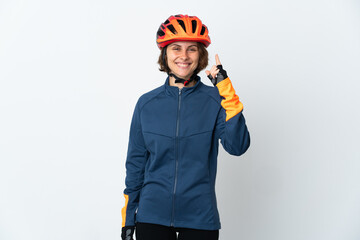 Young English cyclist woman isolated on white background pointing up a great idea