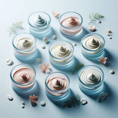 variety of jars with cream on a blue background