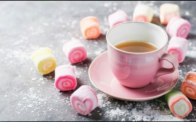 Obraz na płótnie Canvas Heart shape marshmallows pink and white color and cup with tea. Craft desert sweets on table