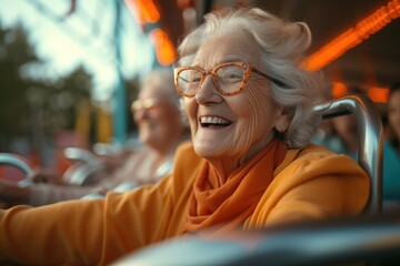 Obraz premium Active Senior Women Engaged on Roller Coaster, very happy. Generative AI.
