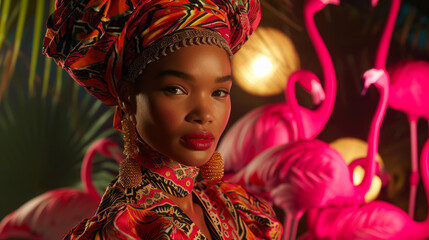 Vibrant Elegance: African Woman in Traditional Attire with Exotic Flamingo Backdrop