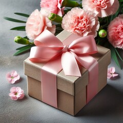 Beautiful blooming carnations with pink ribbon box isolated on gray wallpaper design