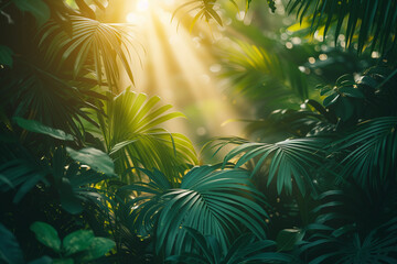 sunny tropical background with plant leaves