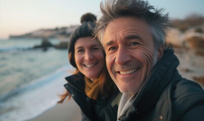 Cute couple senior or middle aged retired man and woman in warm clothes outdoors near the ocean coast smiling at camera