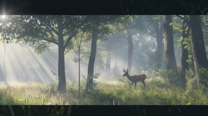 Tranquil Deer Grazing in Misty Forest AI Generated