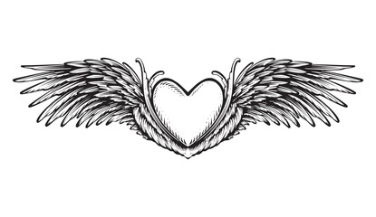 line art heart wings cupid black and white illustration , t shirt design isolated decoration