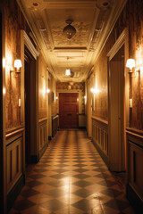 Classic Hotel Ambiance: Warmly Lit Corridor with Vintage Decor