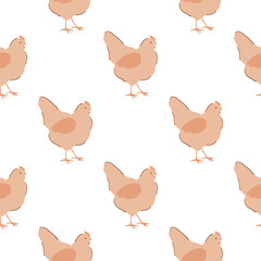 Beige hen seamless pattern on white background. Vector cute cartoon chicken print, wallpaper