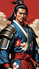 Stoic Samurai Warrior in Traditional Armor Standing Before a Japanese Castle