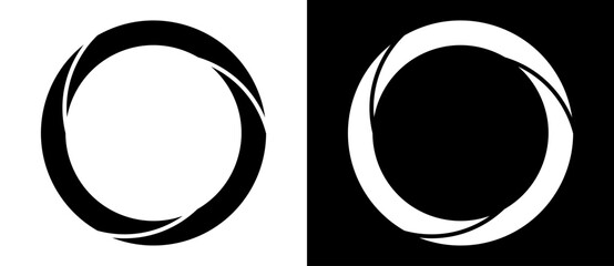 Rotating art lines in circle shape as symbol, logo or icon. A black figure on a white background and an equally white figure on the black side.