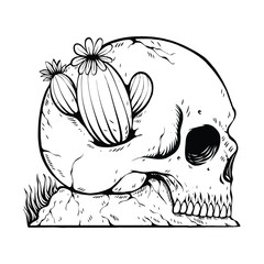 line art skull cactus black and white illustration