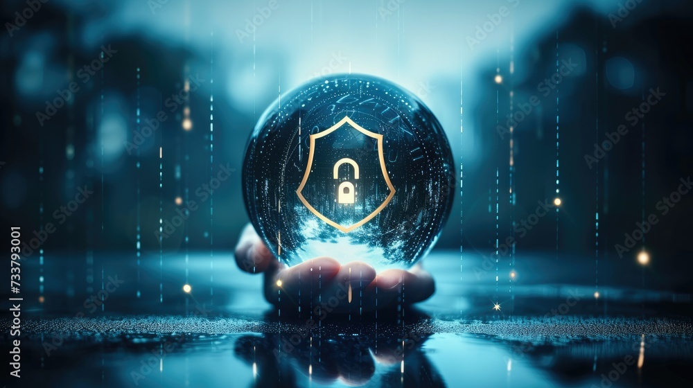 Aufkleber Businessman holding Shield with padlock in hand on global networking connection. Cyber Insurance. Cyber security data protection business technology privacy concept. Cyber insurance. Generative AI.