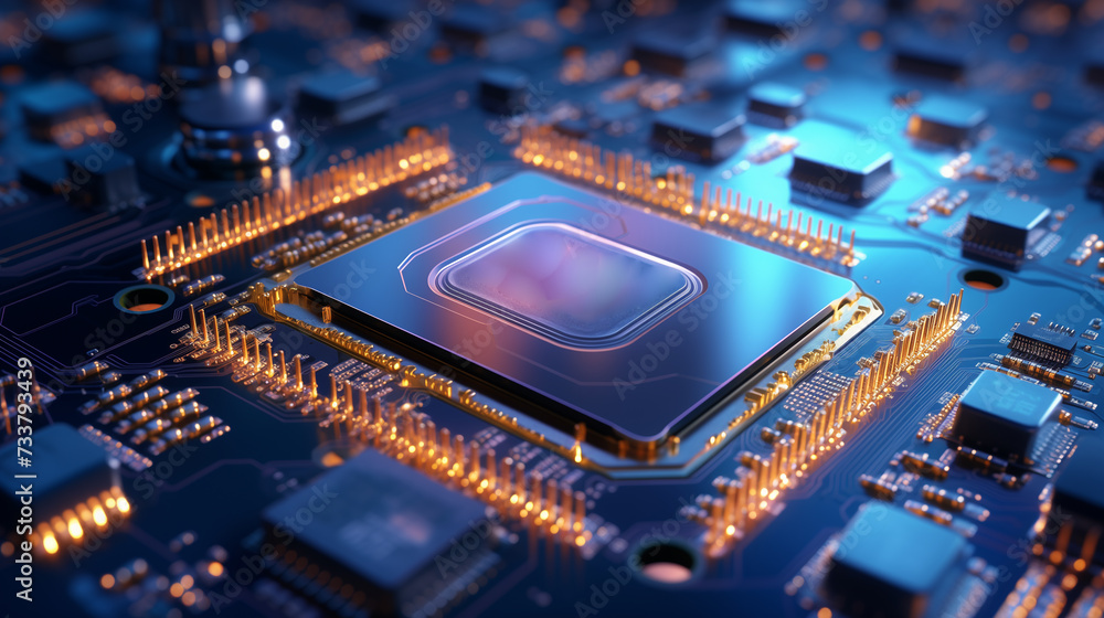 Poster close up of computer processor chip, modern futuristic technology background, artificial intelligenc