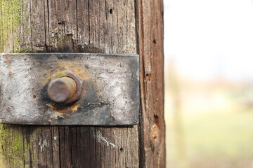 Old wooden pillar with rusty bolt, close-up, selective focus
