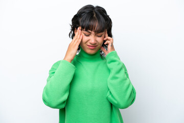 Young Argentinian woman isolated on white background with headache