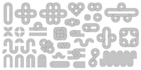 Geometric line Zen arch pattern elements, figures and stroke shapes, vector linear symbols. Abstract minimalist outline Zen pattern shapes of heart, wave or curve zigzag and square with knit knots - obrazy, fototapety, plakaty