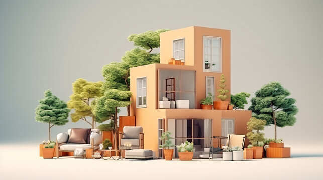 Modern house with garden and plants. 3d illustration. Render.