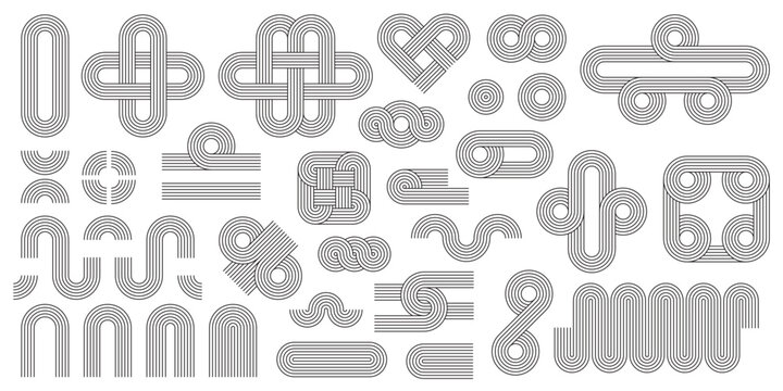 Geometric line Zen arch pattern elements, figures and stroke shapes, vector linear symbols. Abstract minimalist outline Zen pattern shapes of heart, wave or curve zigzag and square with knit knots