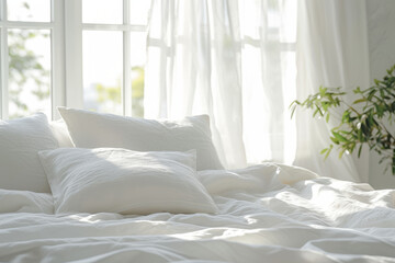 Fototapeta na wymiar Peaceful Mornings: White Bedding with Soft Natural Ligh