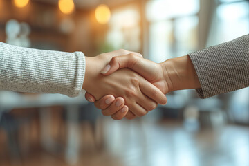 Close up of business people shaking hands in office. Handshake concept. Successful businessmen handshaking after good deal.