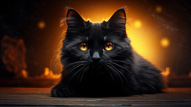 Portrait of a cute black cat  with mesmerizing yellow and orange eyes, a fluffy fur, and captivating gaze, The cute and frightening gaze of a black cat
