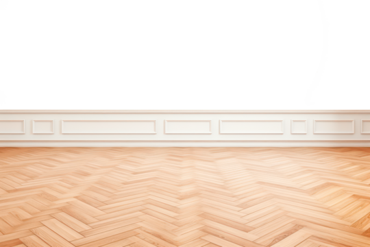 light parquet floor with empty space and white plinth , png file