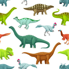 Cartoon dinosaur characters seamless pattern. Fabric vector print with Quaesitosaurus, Opisthocoelicaudia, Magyarosaurus and Elmisaurus, Protoceratops, Struthiosaurus funny dinosaurs cute personages
