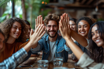 Multiracial euphoric team people give high five at cafe table, happy excited diverse work group engaged in teambuilding celebrate corporate success win partnership power teamwork concept