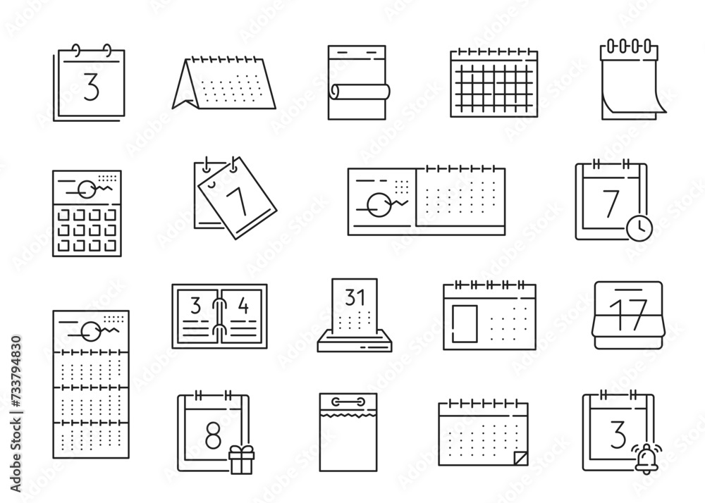 Poster Calendar outline icons, date pages of reminder schedule and planner organizer, vector app pictogram. Calendar thin line icons of time plan or event date day reminder, month and year calendar agenda