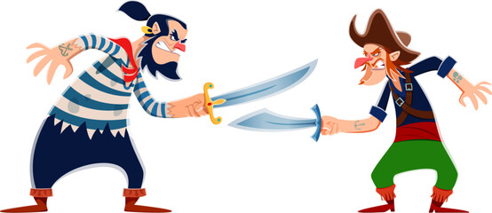 Obraz na płótnie Canvas Two cartoon pirates, corsair and sailor characters fighting on sabers or swords, vector personages. Angry pirate filibusters or corsairs with sabers or swords, Caribbean adventure buccaneer characters