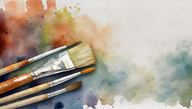 Paint and brush, watercolor art, canvas background, copy space on a side