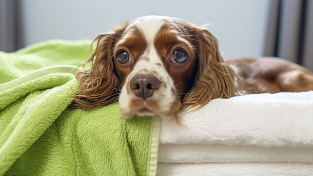 Dog English Springler Spaniel relaxed from spa procedures covered with a towel.
