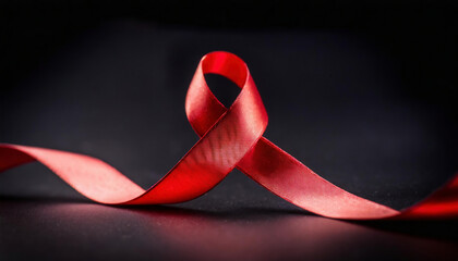 Red ribbon on a black background. Symbol of world aids day. Red awareness ribbon for cancer. Concept of helping those in need.