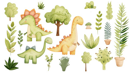 Collection of watercolor dinosaurs and plants, with a whimsical, child-friendly style.