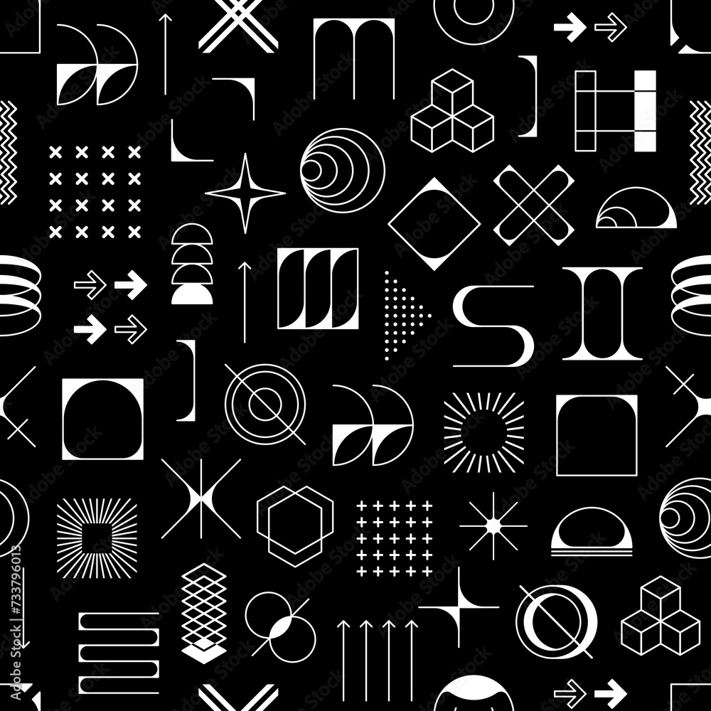 Aufkleber Brutalism futuristic shapes and modern geometric figures seamless pattern, vector background. Abstract and simple primitive shape elements of Brutalism pattern of star, sun or triangle and cube
