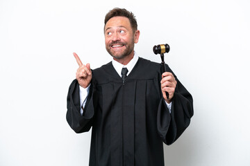 Middle age judge man isolated on white background pointing up a great idea
